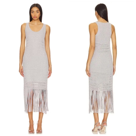 NEW SIMKHAI Jocelyn Open-Stitch Fringe Metallic Silver Midi Dress NWT Medium - Picture 8 of 12